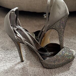 Audrey Brooke Silver Glitter Peep-Toe Stiletto Sandals with Ankle Strap